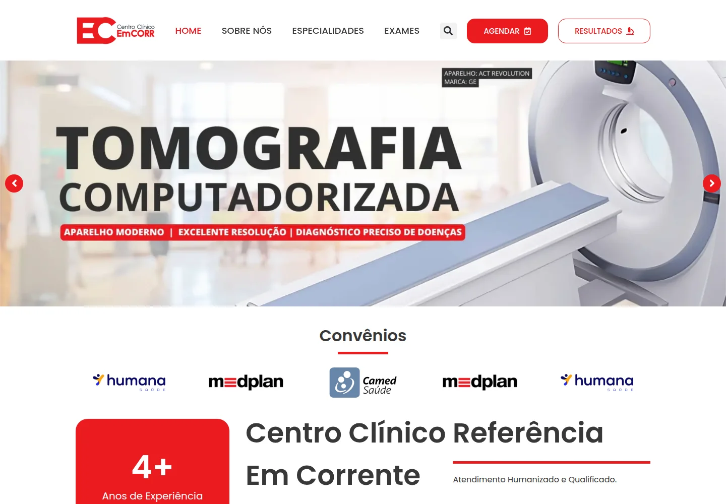 Antes: site Emcorr com banner de tomografia e navegação por especialidades e exames