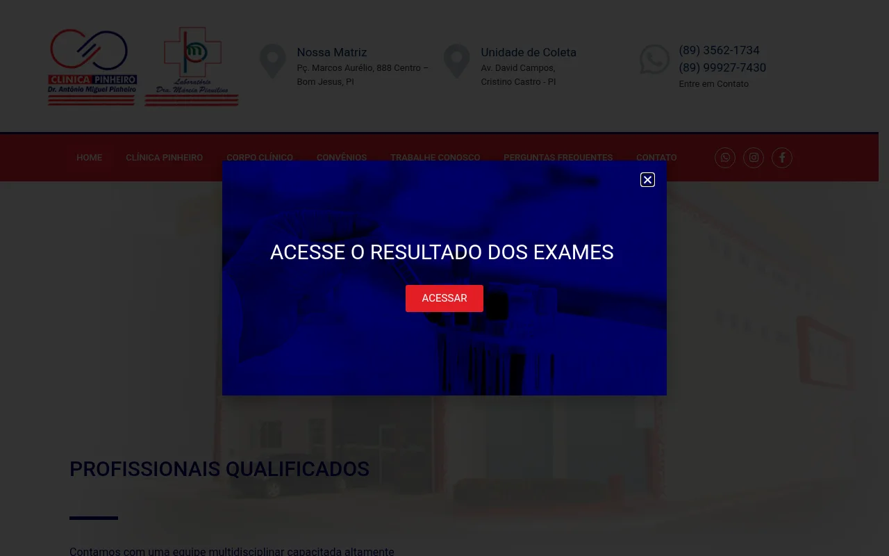 Site público da Clínica Pinheiro com endereços, contatos e janela de acesso aos resultados de exames